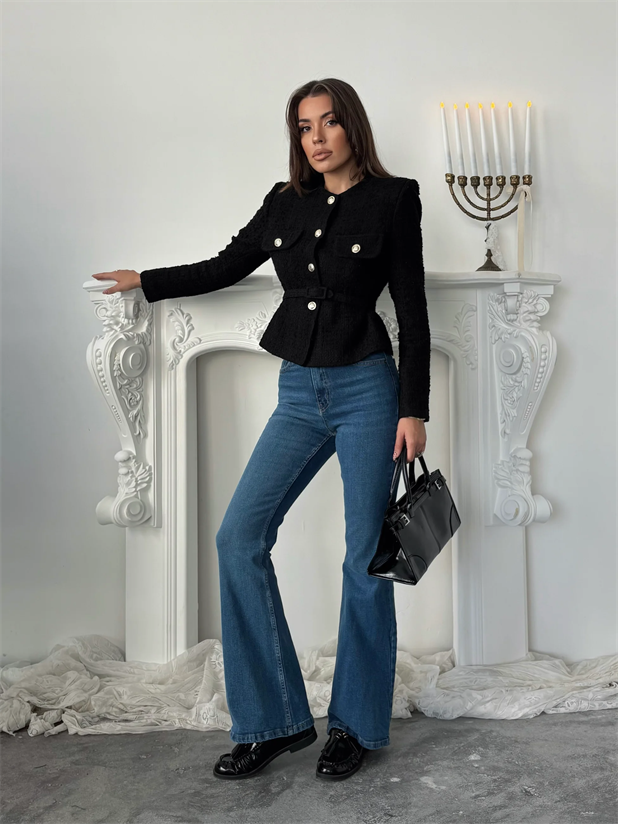 Kemer Detaylı Düğmeli Ceket - Siyah