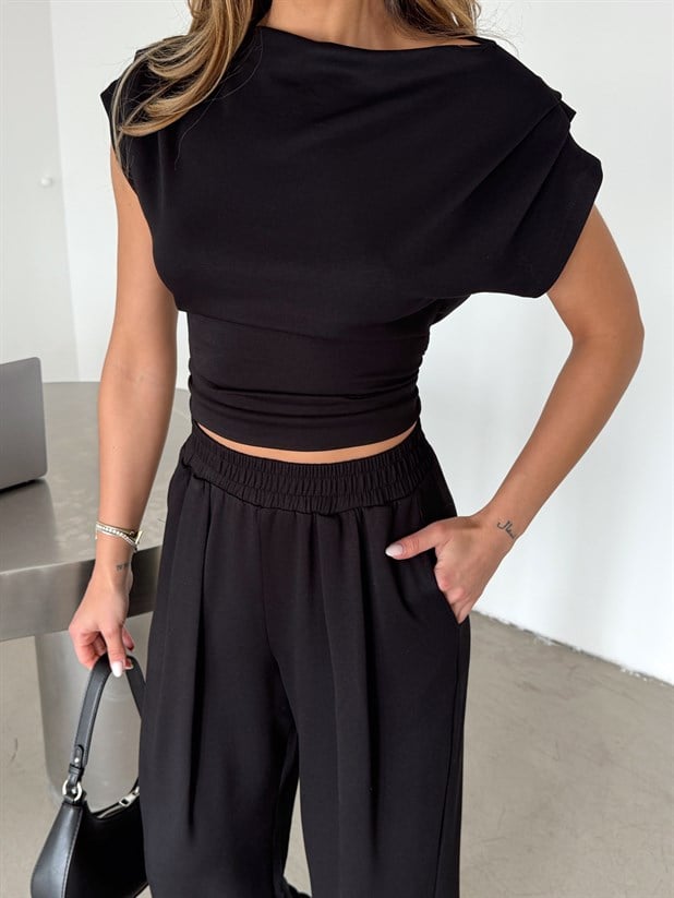 Pileli Palazzo Takım - Siyah