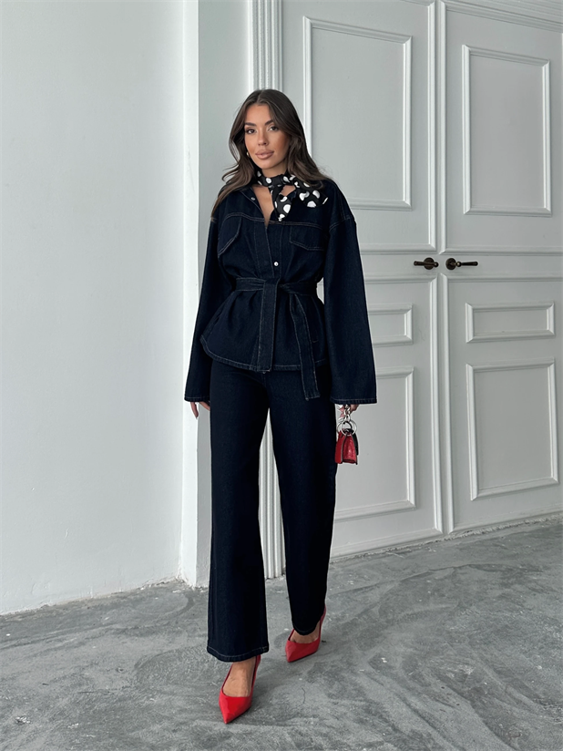 Cep Detaylı Denim Takım - Lacivert