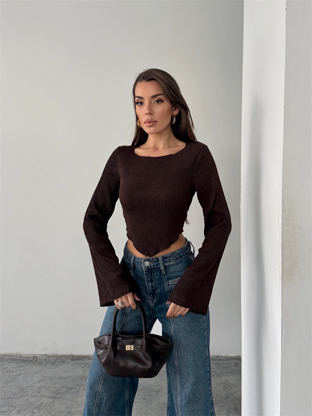 İspanyol Kol Akordiyon Bluz - Kahve