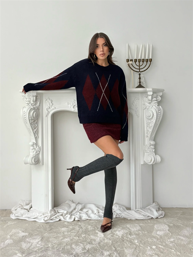 Oversize Baklava Desenli Kazak - Lacivert