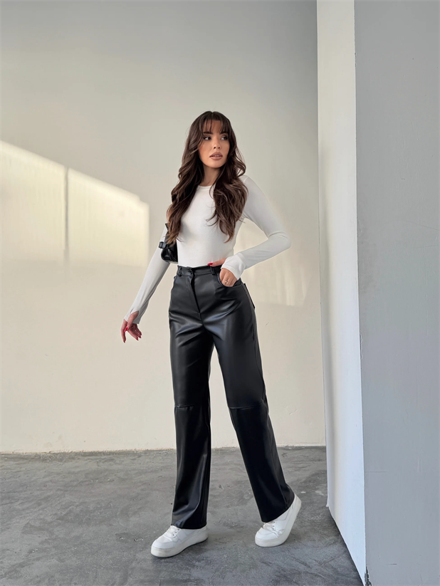 Cepli Suni Deri Pantolon - Siyah