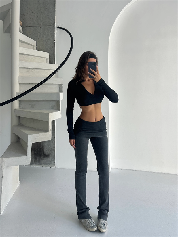 Bel Katlama Fitilli Tayt Pantolon - Antrasit