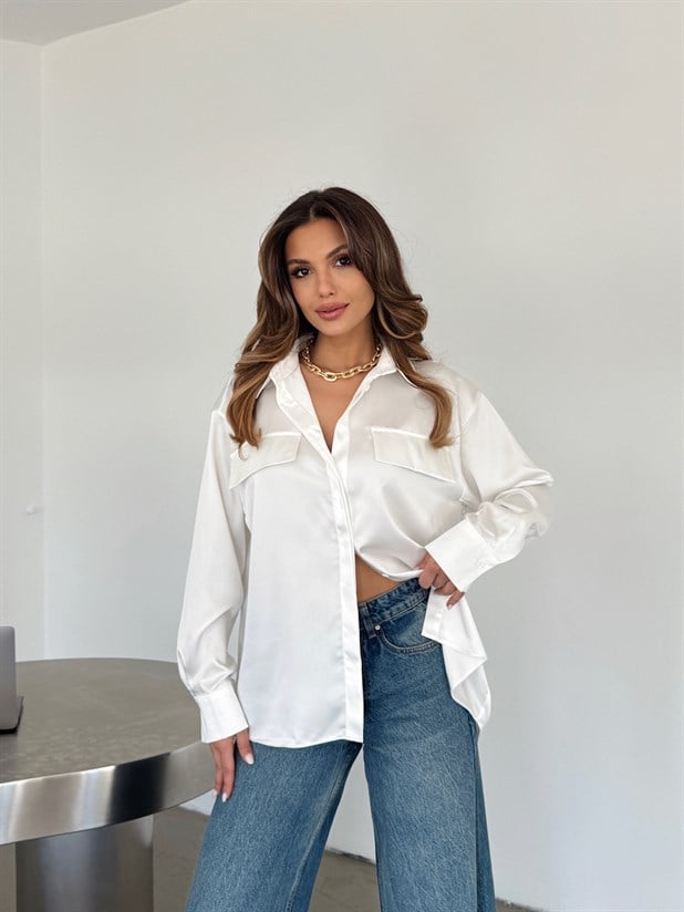 Kapak Cepli Krep Saten Gömlek - Beyaz