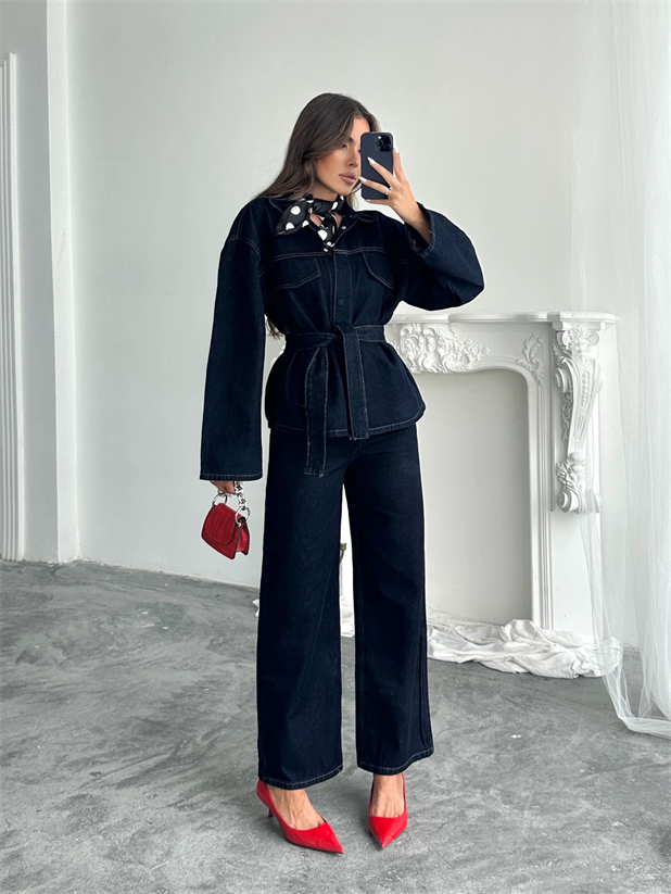 Cep Detaylı Denim Takım - Lacivert