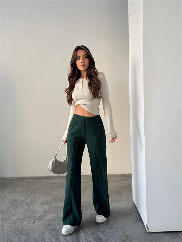 Çimalı Bel Lastik Selanik Pantolon - Zümrüt Yeşili