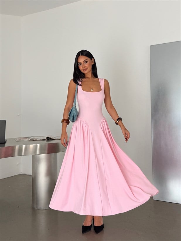 Korse Detaylı Midi Elbise - Pembe