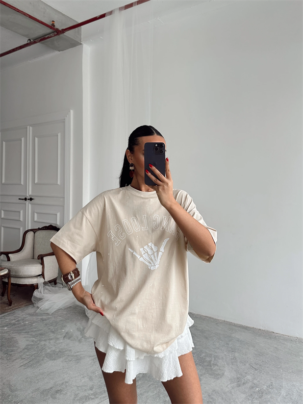 Hang Loose Baskılı Tshirt Bej - Bej
