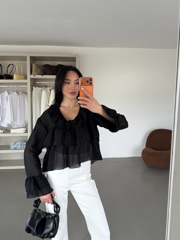 Fırfır Detaylı Bluz - Siyah