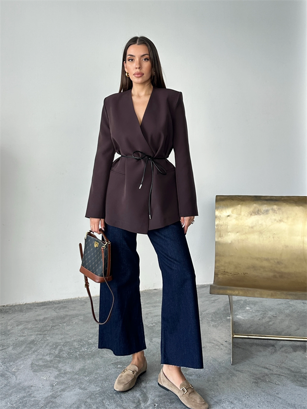 Deri Kemerli Blazer Ceket - Mürdüm