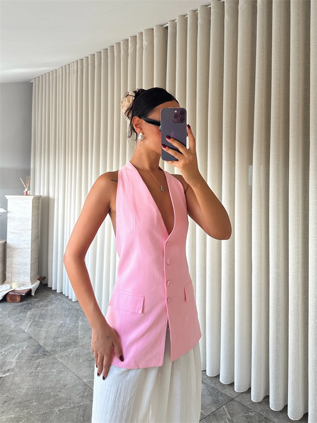 Sırt Dekolte Keten Yelek - Pembe