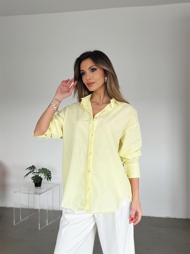 Gizli Pat Düğmeli Gömlek - Sarı