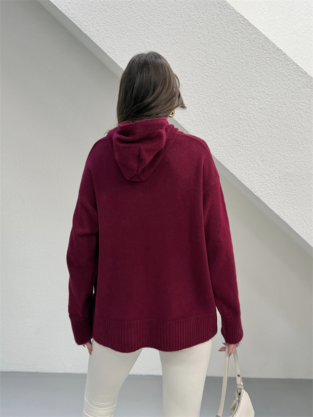 Kapüşonlu Butter Triko Kazak - Bordo