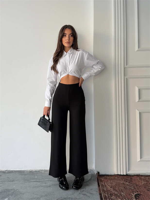 Bel İçten Lastik Kumaş Pantolon  - Siyah