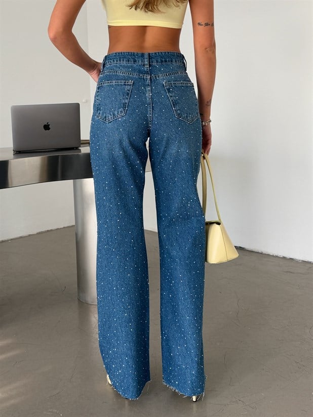 Premium Parlak Taş Detaylı Jean  - Mavi