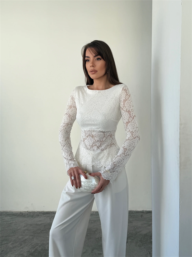 Arkası Bağlamalı Dantel Bluz - Ekru