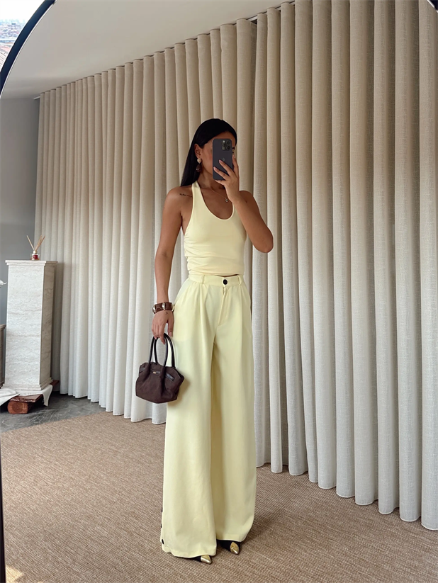 Paçası Düğmeli Palazzo - Sarı