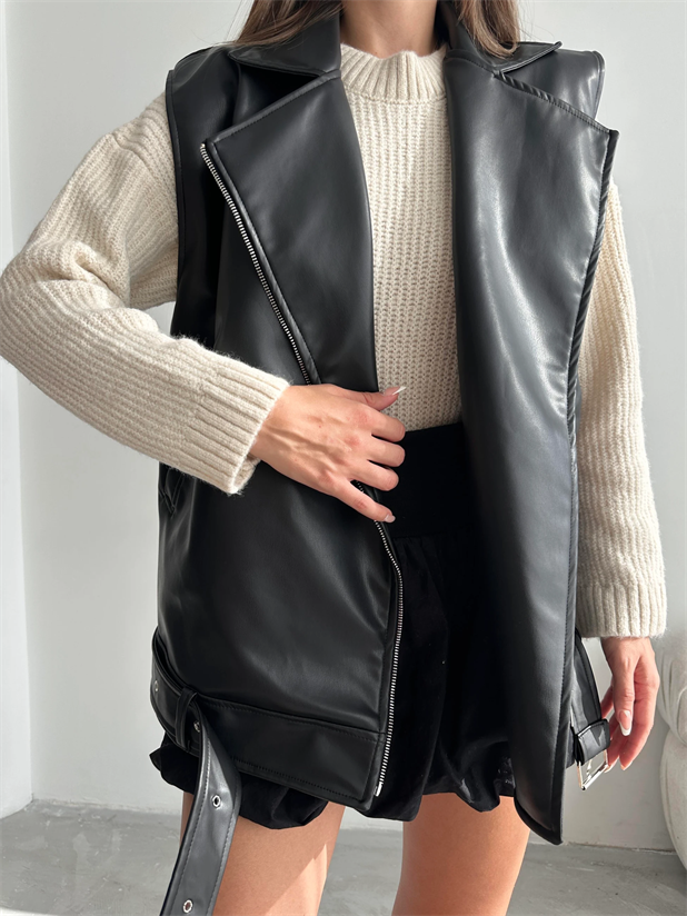 Kruvaze Yaka Uzun Deri Yelek Siyah - Siyah