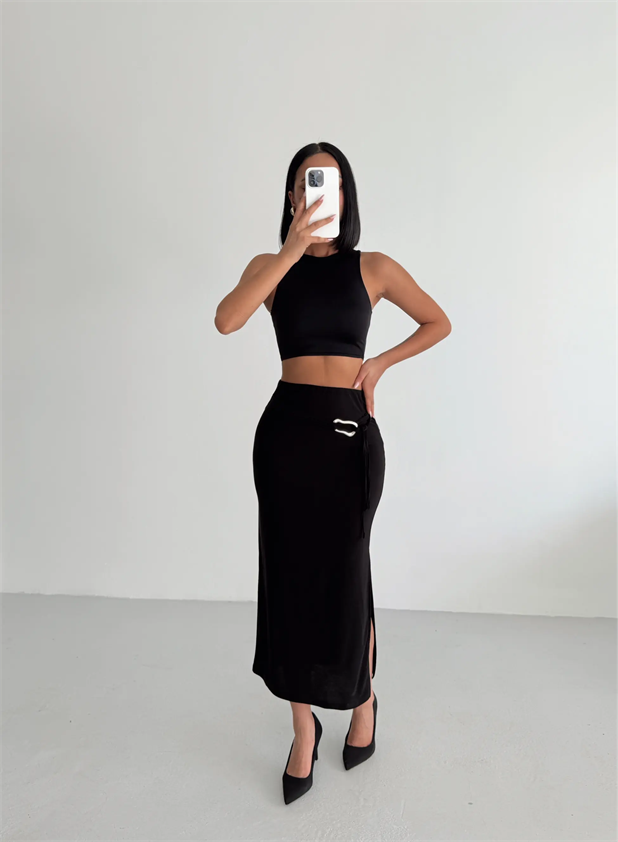 Tokalı Midi Etek  - Siyah