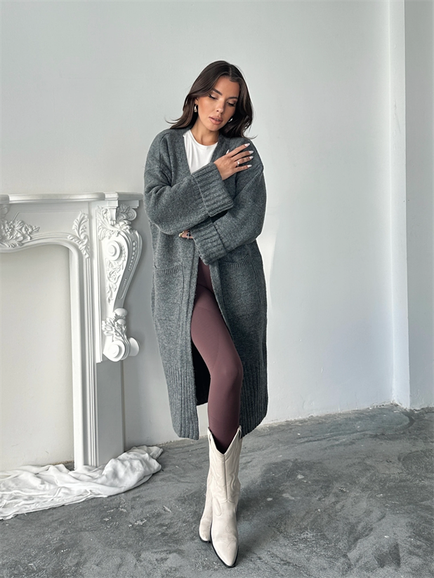 Oversize Uzun Hırka - Füme