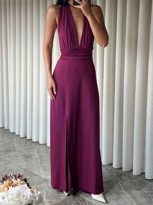 Bel Ve Boyun Bağlamalı Elbise - Mürdüm