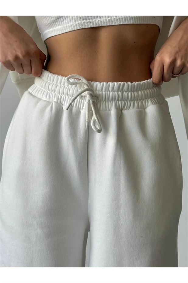 Üç İplik Şardonlu Palazzo Eşofman Beyaz - Beyaz