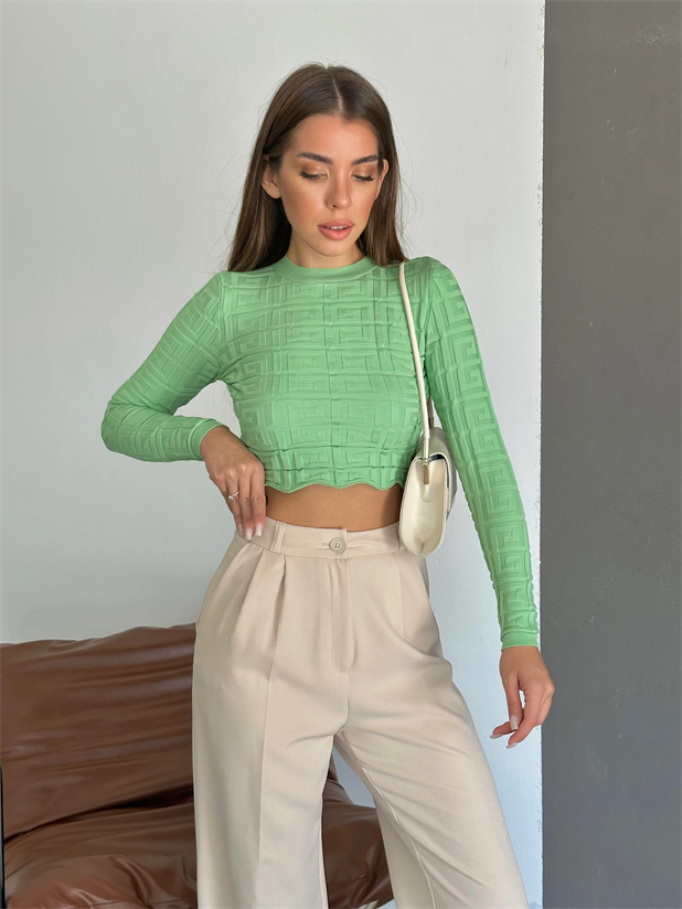 Labirent Desen Crop Triko Kazak Mint - Mint