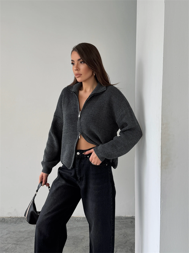 Çift Fermuarlı Triko - Antrasit