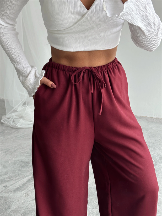 İnce Kemerli Salaş Pantolon - Bordo