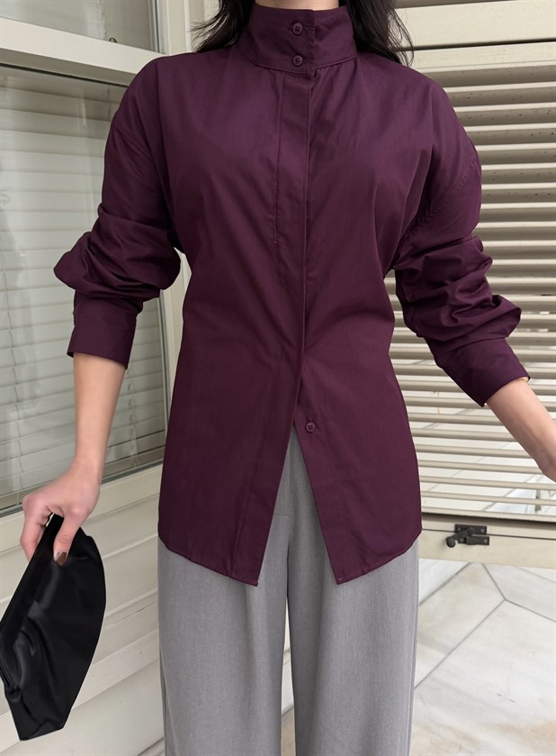 Hakim Yaka Bağlamalı Gömlek - Mürdüm