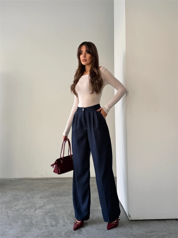 Yünefekt Çizgili Palazzo - Lacivert