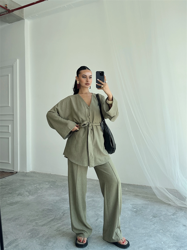 Düğme Detay Kuşaklı Kimono Takım - Haki Yeşil