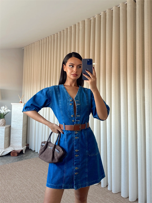 Kemerli Denim Elbise - Mavi