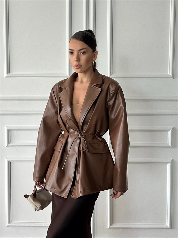 Belden Bağlamalı Deri Ceket - Kahve