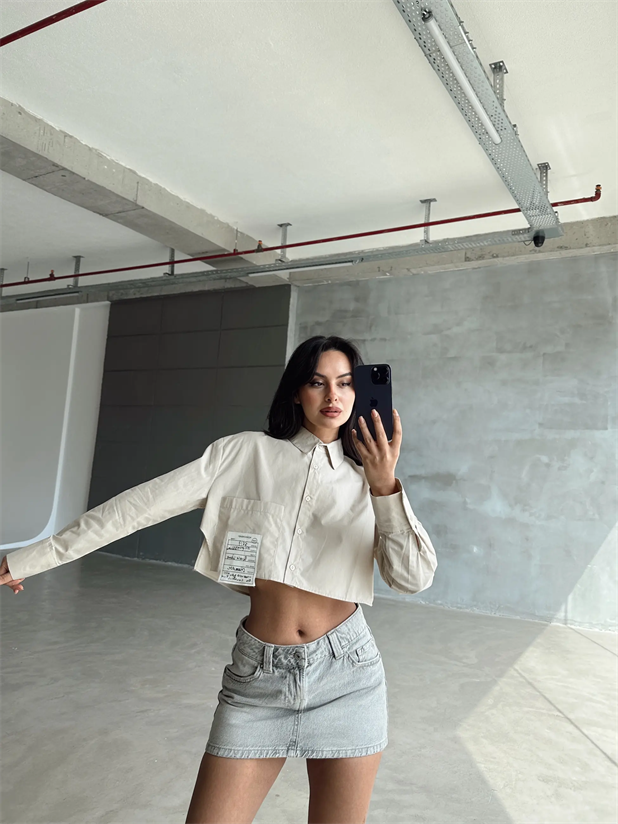 Daisy Cep Üstü Arma Detay Crop Gömlek Taş - Taş