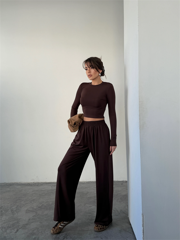 Uzun Kol Bisiklet Yaka Takım  - Kahve