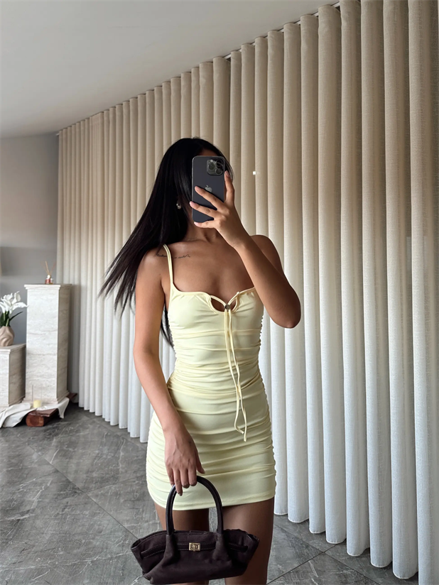 Yan Drape Mini Elbise  - Sarı