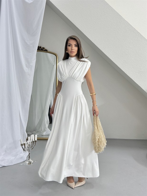 Korse Detaylı Drapeli Elbise - Ekru