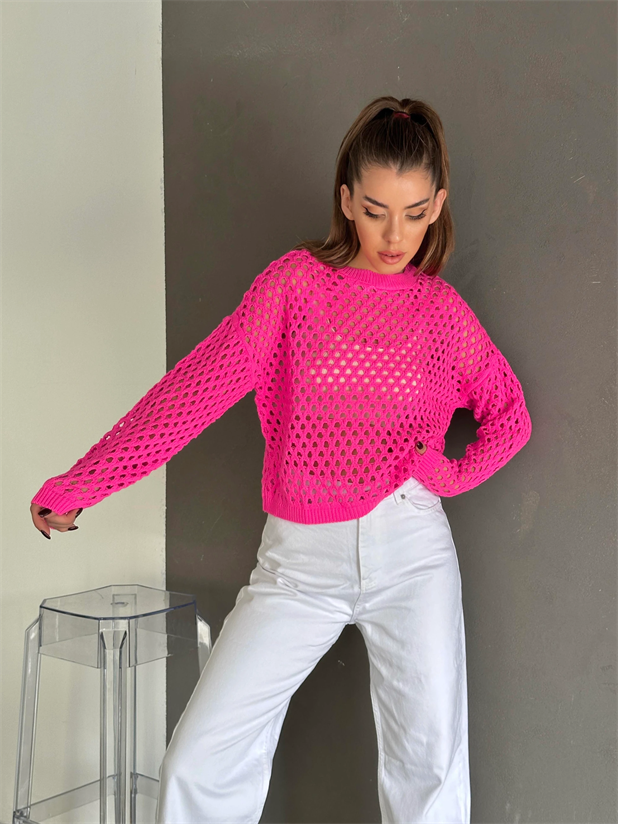 Delik Detaylı Trend Kazak Pembe - Pembe