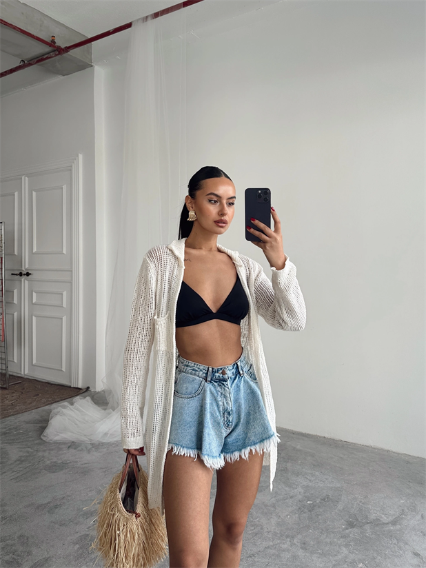 Beyli Ajur Polo Yaka Hırka Ekru - Ekru