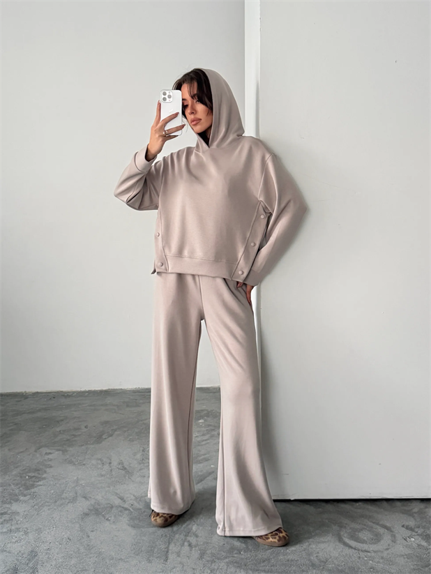 Çıt Çıt Detaylı Kapüşonlu Takım  - Taş