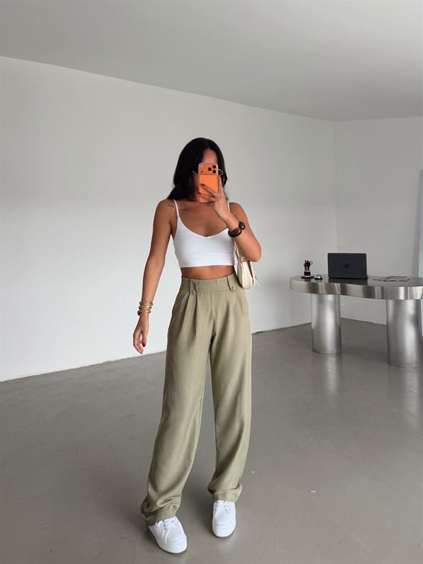 Apoletli Keten Palazzo - Haki