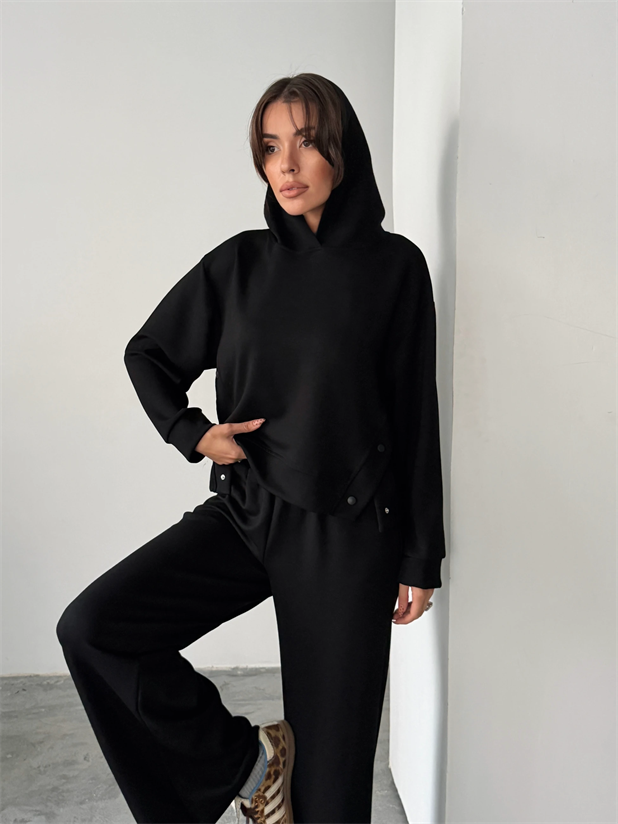 Çıt Çıt Detaylı Kapüşonlu Takım  - Siyah