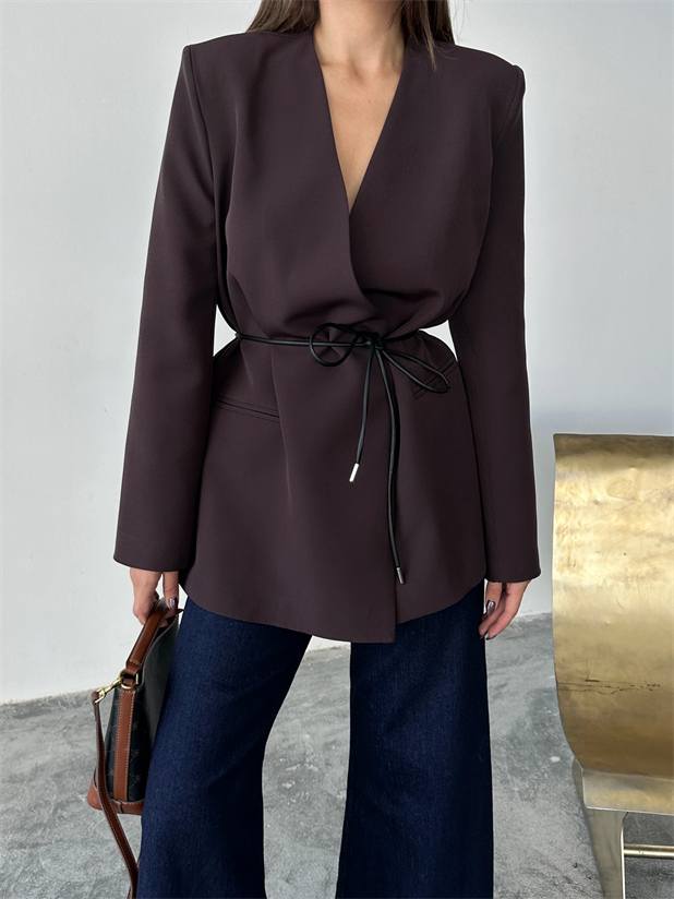 Deri Kemerli Blazer Ceket - Mürdüm