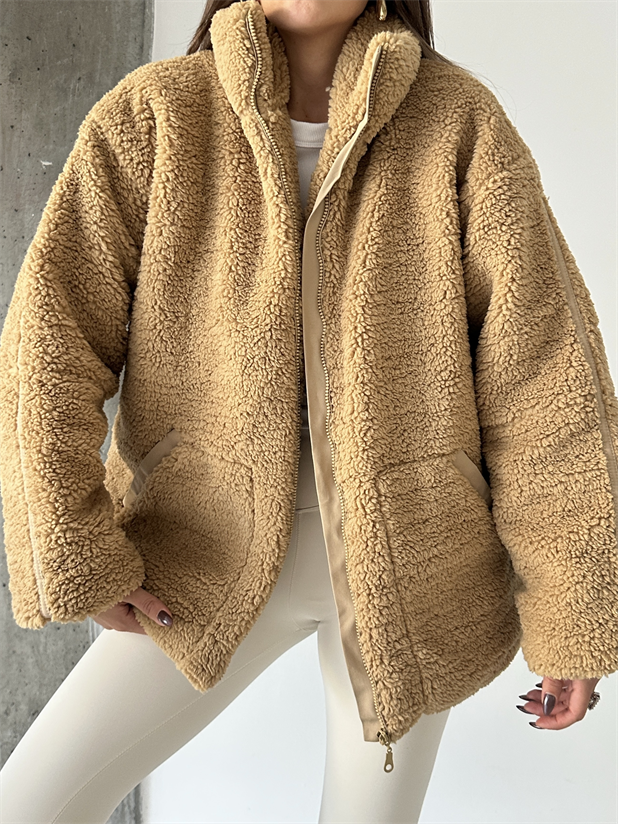 İç Astarlı Oversize Peluş Mont  - Vizon