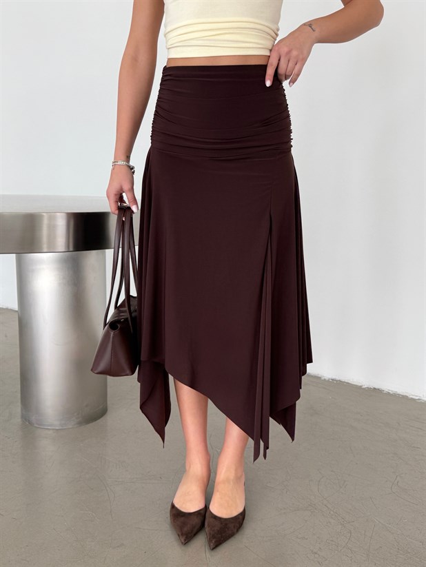 Yırtmaçlı Yüksek Bel Asimetrik Etek - Kahve