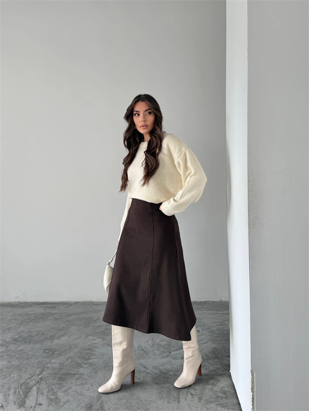 Yanları Çımalı Midi Etek - Kahve