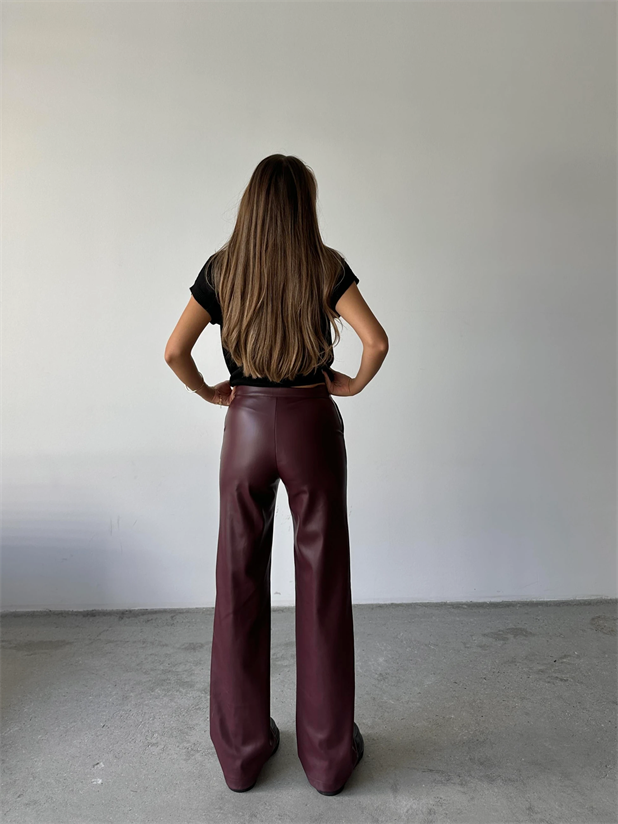 Çimalı Deri Palazzo Pantolon Bordo - Bordo