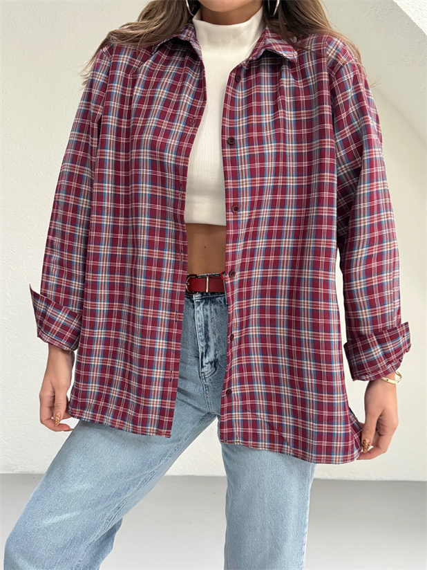 Kareli Oversize Gömlek - Bordo