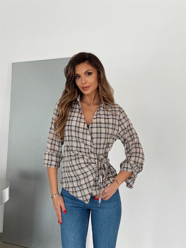 Ekose Bağlamalı Gömlek - Bej